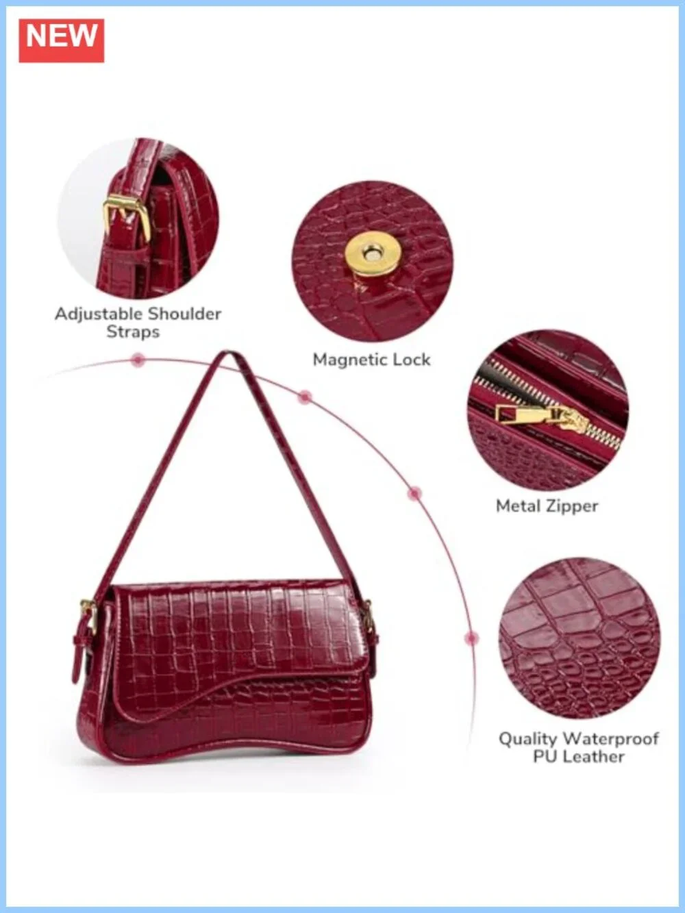 PU Leather Hobo Shoulder Bag Crossbody Clutch Purse with Adjustable Strap